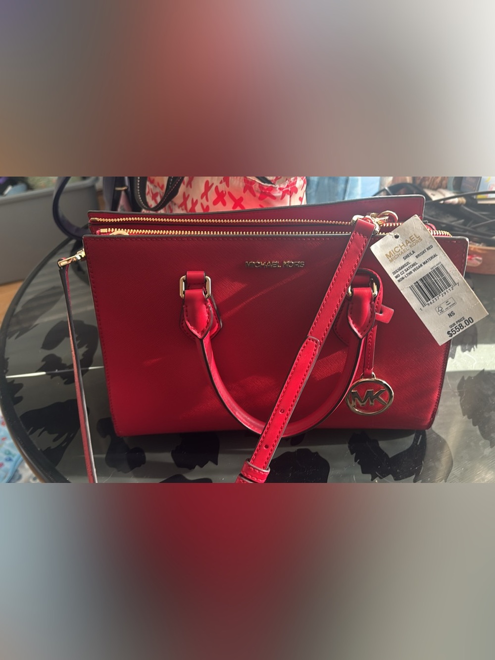 MICHAEL KORS Red Saffiano Leather Satchel with MK Charm